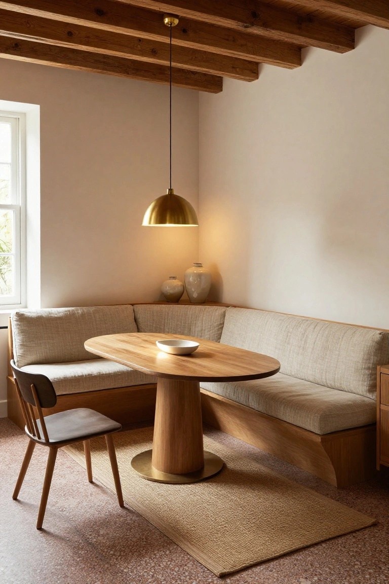 Cozy indoor dining nook featuring an L-shaped beige linen bench along two walls, oval wooden table with pedestal base, single wooden chair, gold pendant lamp, ceramic vases on built-in shelves, exposed wooden ceiling beams, window, and terracotta tile floor.
