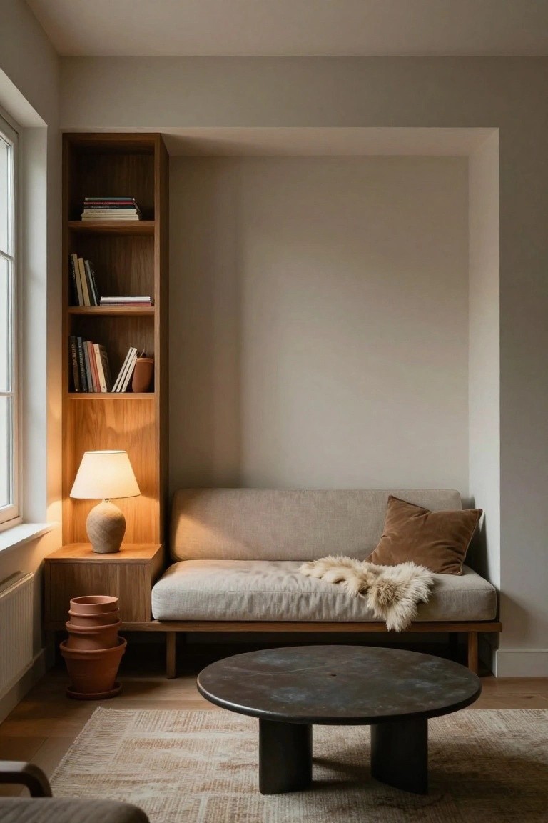Light gray daybed sofa in a beige-walled corner next to tall wooden bookshelves by a window, low round black coffee table on woven rug, ceramic lamp on side table, stacked terracotta pots, and fur throw on sofa.