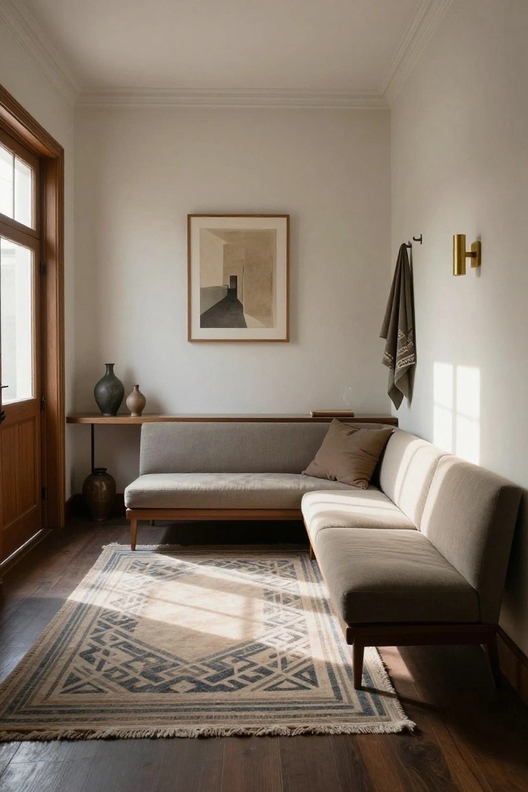Light gray L-shaped sofa with wooden legs positioned along two white walls in a sunny room with hardwood floors, a patterned rug, wooden shelf with black and beige vases, abstract artwork, and a towel hanging on a gold wall light near a wooden door and windows.
