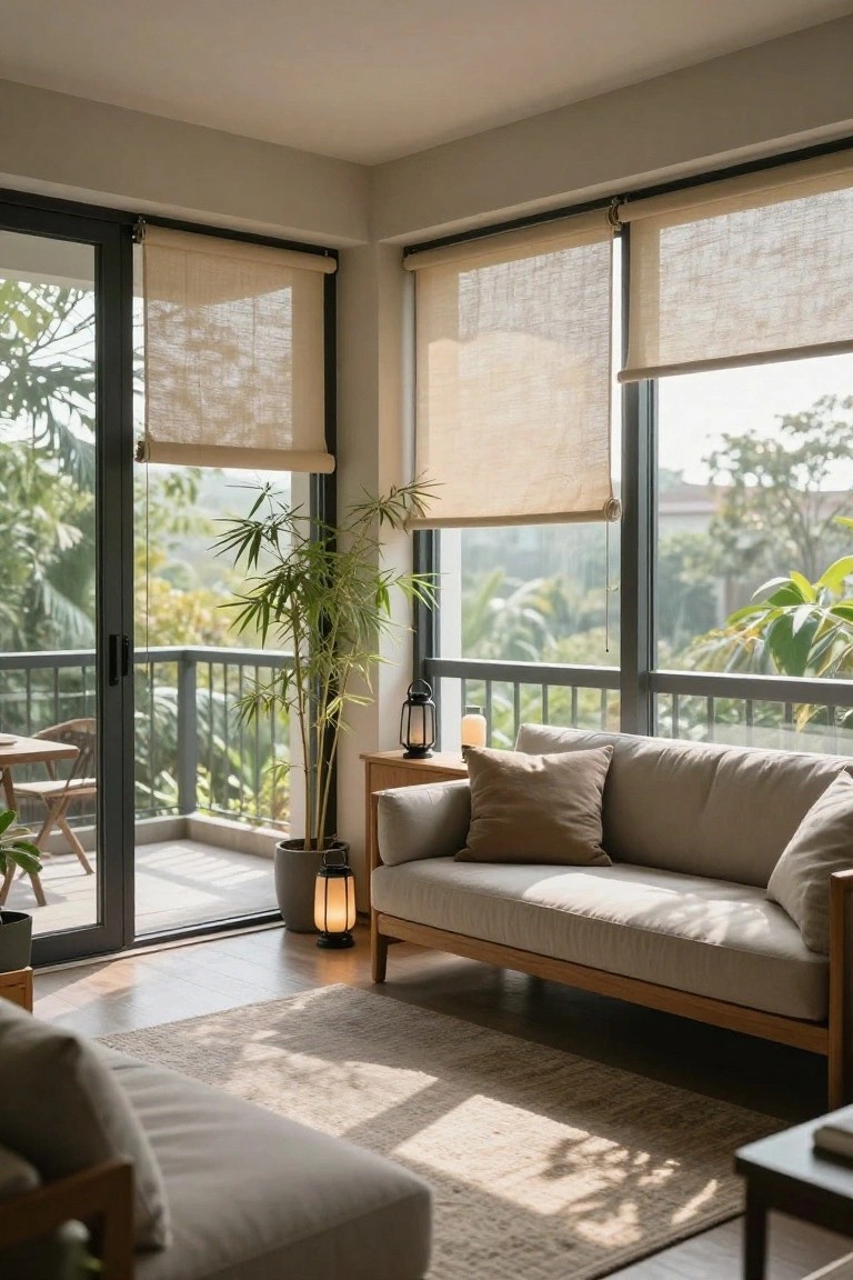 Beige sofa positioned in a light-filled corner living room next to sliding glass balcony doors with bamboo roller shades partially lowered, tall potted bamboo plant, wooden lanterns, and view of tropical greenery outside.