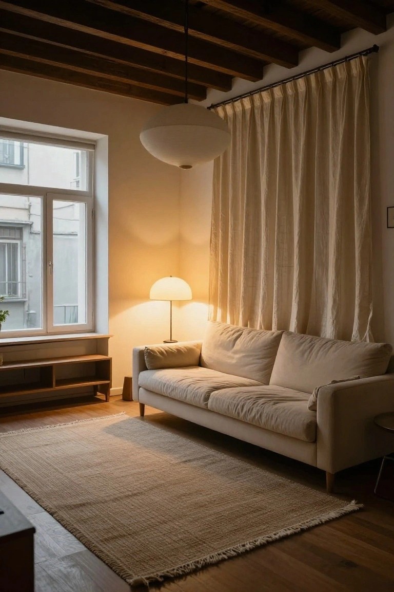 Cozy living room with beige sofa, wooden beams, and warm lighting.