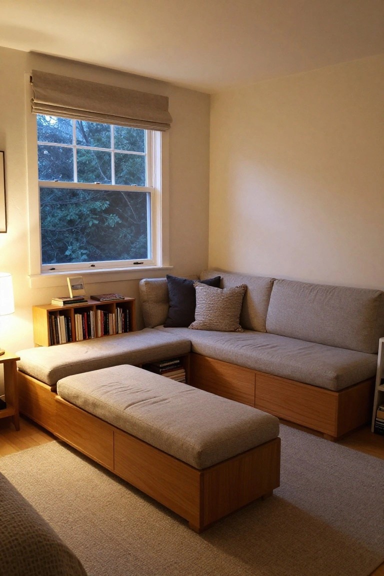Beige corner room with L-shaped gray fabric sofa on wooden storage bases, bookshelves, lamp, and large window showing trees outside.