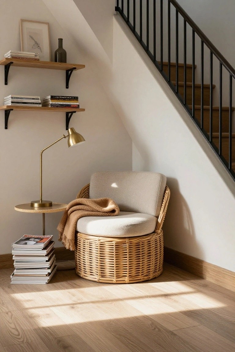 A beige wicker armchair with cream cushions sits in a sunlit corner beside wooden stairs, with a brass lamp and round table nearby, books stacked on the floor and shelves above holding books and a green bottle.