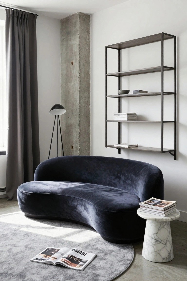 Modern living room corner with curved navy velvet sofa against exposed concrete pillar, wall-mounted metal shelves with books and bowl, tripod floor lamp, gray curtains on window, white marble pedestal table with magazines, open magazine on gray round rug over concrete floor.