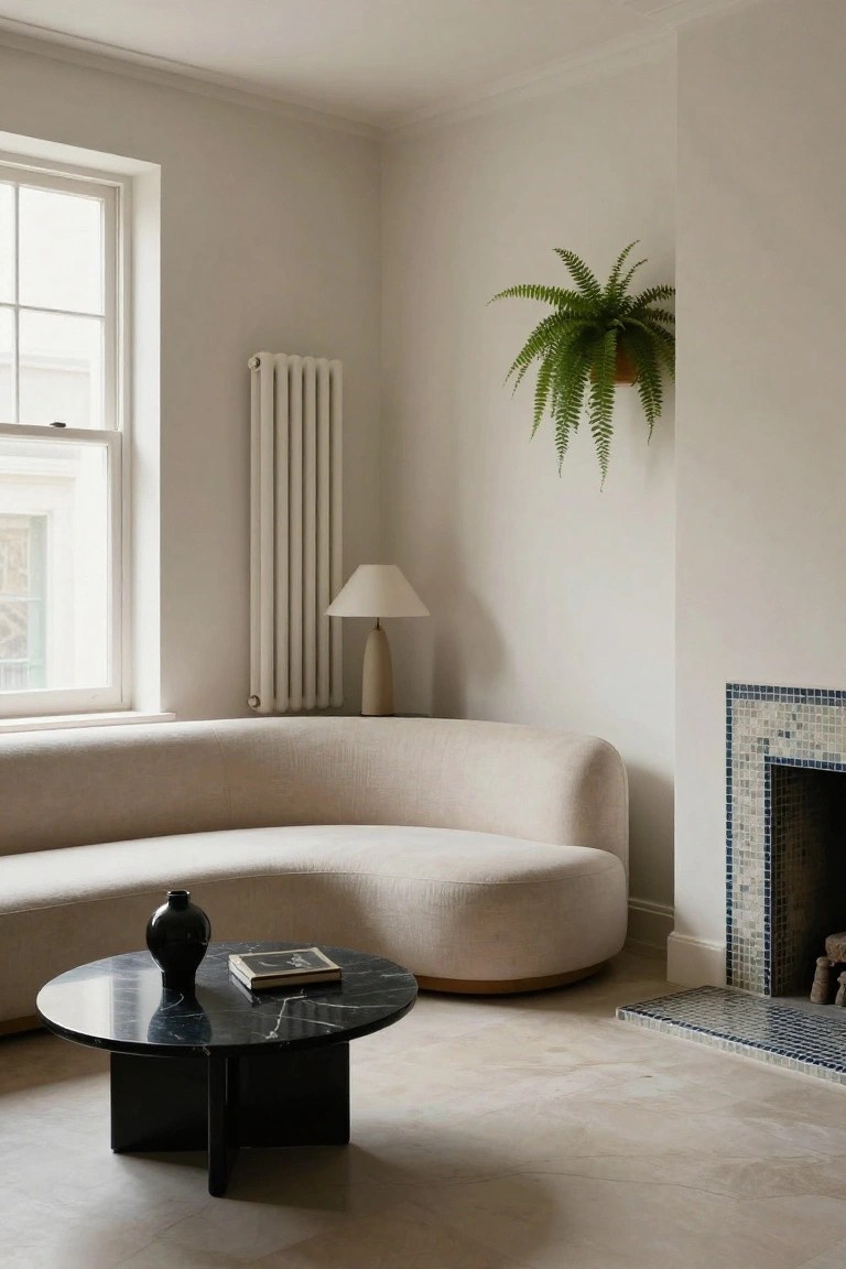 A cream-colored curved sofa sits in a light living room corner beside a tall window and white radiator, with a black marble coffee table in front, a lamp on a side table, a hanging fern plant, and a blue mosaic-tiled fireplace nearby.