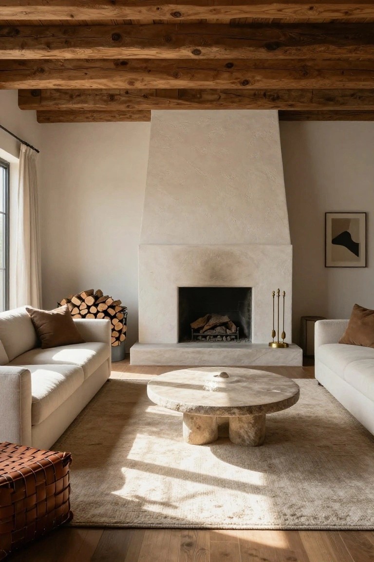 Modern living room with large stone fireplace, beige sofas, and round marble coffee table.