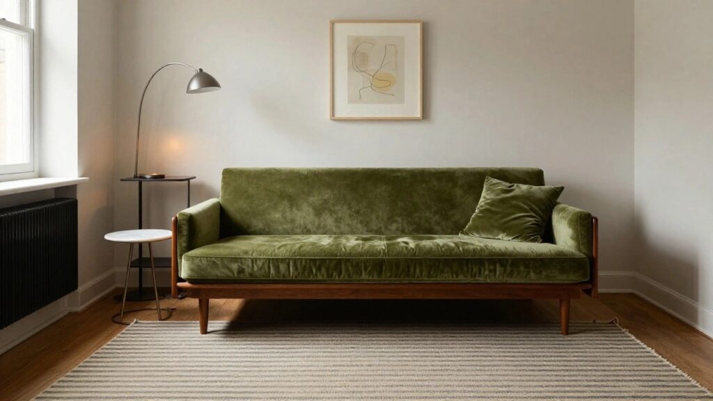 Light-filled living room corner with a green velvet sofa positioned next to a gray radiator under a large window, a white marble coffee table in front, wooden sideboard opposite, and striped rug on hardwood floor.