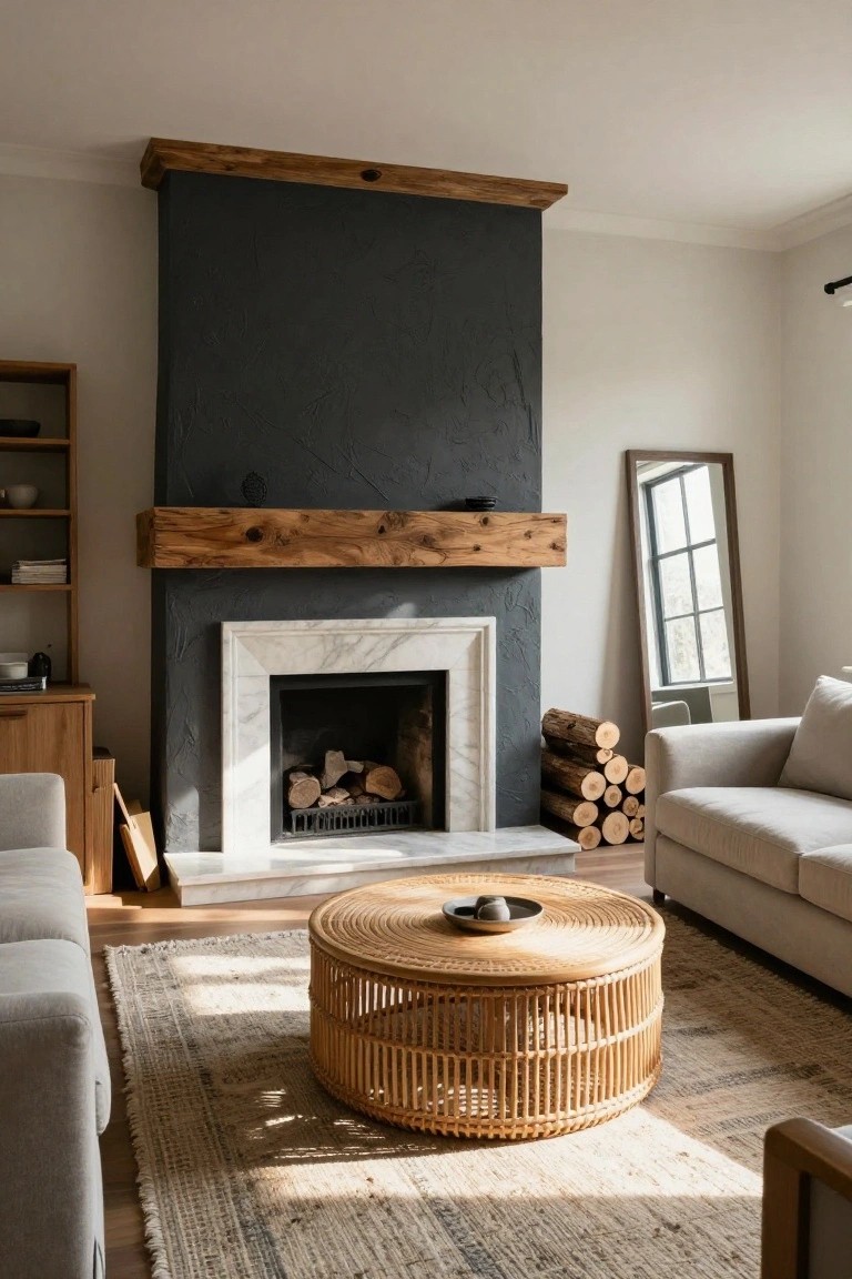 Living room with tall dark textured fireplace wall, thick wooden beam mantel, white marble fireplace surround containing logs, stacked firewood logs beside it, light gray sofas in L arrangement around round woven coffee table on beige rug, built-in shelves and floor lamp nearby.