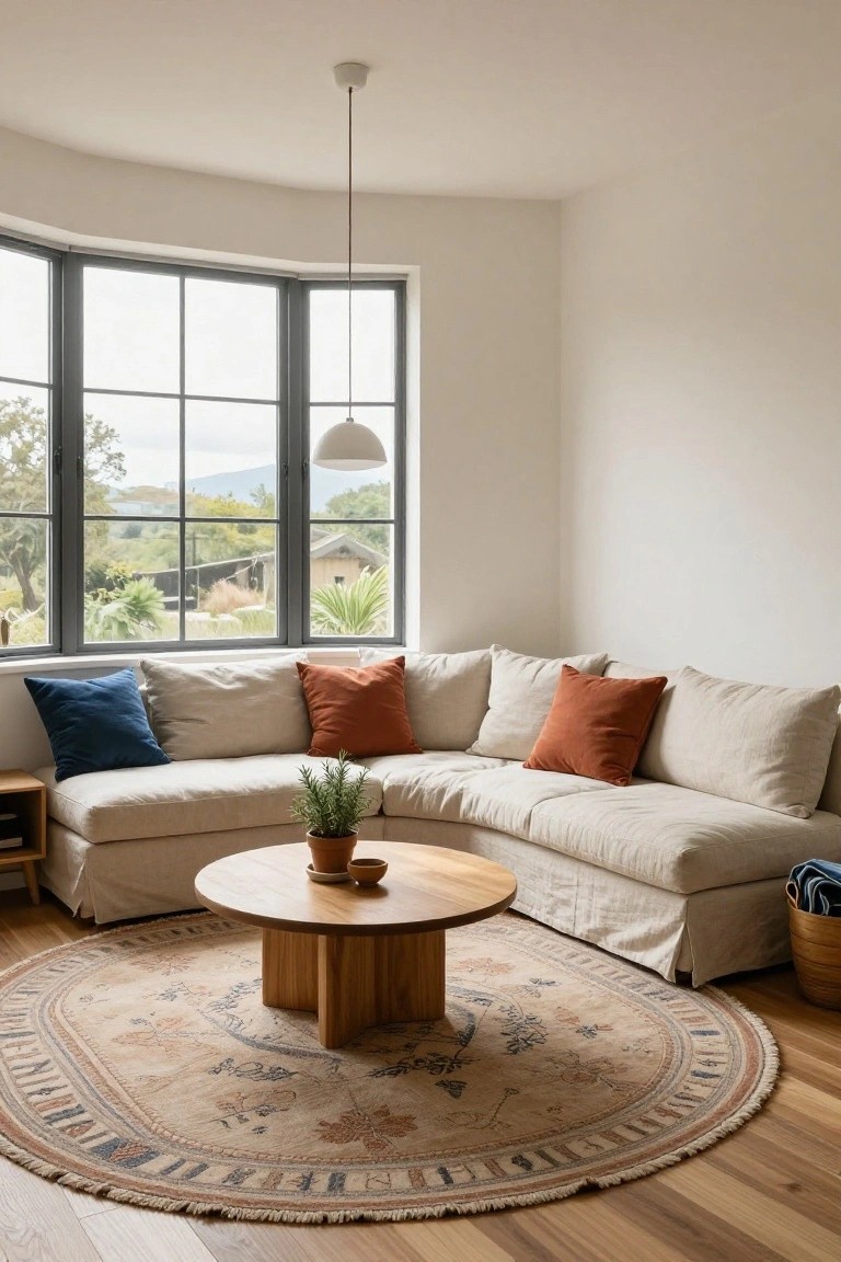 White-walled corner room with curved black-framed bay window overlooking trees and hills, beige L-shaped sofa with blue and orange pillows, round wooden coffee table with plant on patterned round rug, wooden side table and basket nearby.