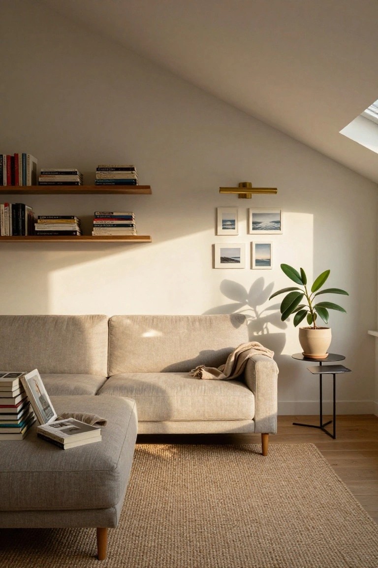 Beige L-shaped sofa with wooden legs in a room with slanted white ceiling, wooden floating shelves holding books, small framed ocean photos on wall, potted plant on black side table, stacks of books on ottoman, and seagrass rug on wood floor.