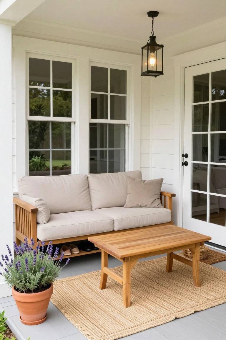 Beige cushioned sofa against white shiplap wall on covered porch, wooden coffee table in front on seagrass rug, lavender plant in terracotta pot, pair of shoes stored underneath, near white-framed windows and glass door.