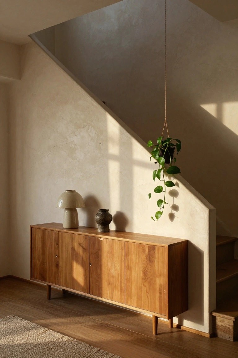 Low wooden credenza with four doors and slim legs against textured beige wall beside stairs, topped with beige lamp and ceramic vase, hanging green pothos plant overhead, wooden floor with beige rug, natural sunlight.