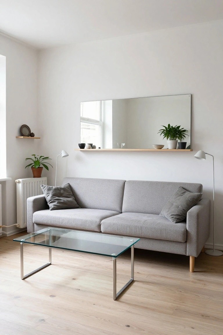 Light gray two-seater sofa against a white wall next to a white radiator in a narrow living room, with a clear glass coffee table on chrome legs, potted plants, wooden floating shelf with ceramics, and a large rectangular mirror above.
