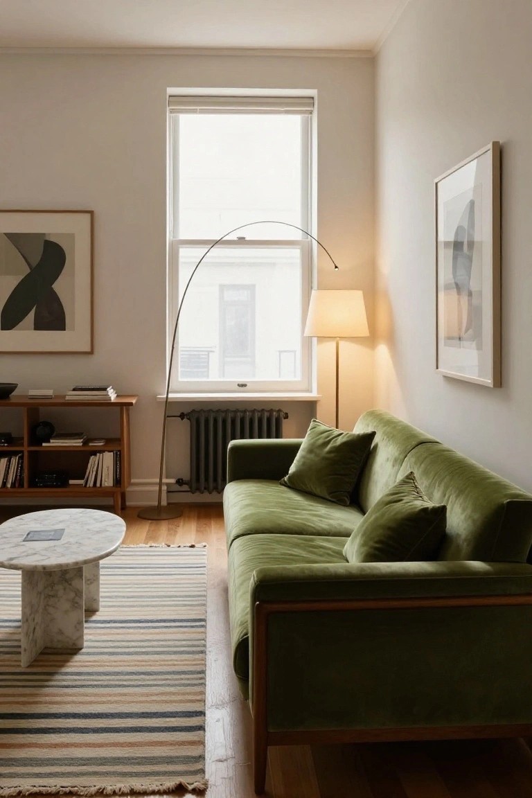 Light-filled living room corner with a green velvet sofa positioned next to a gray radiator under a large window, a white marble coffee table in front, wooden sideboard opposite, and striped rug on hardwood floor.