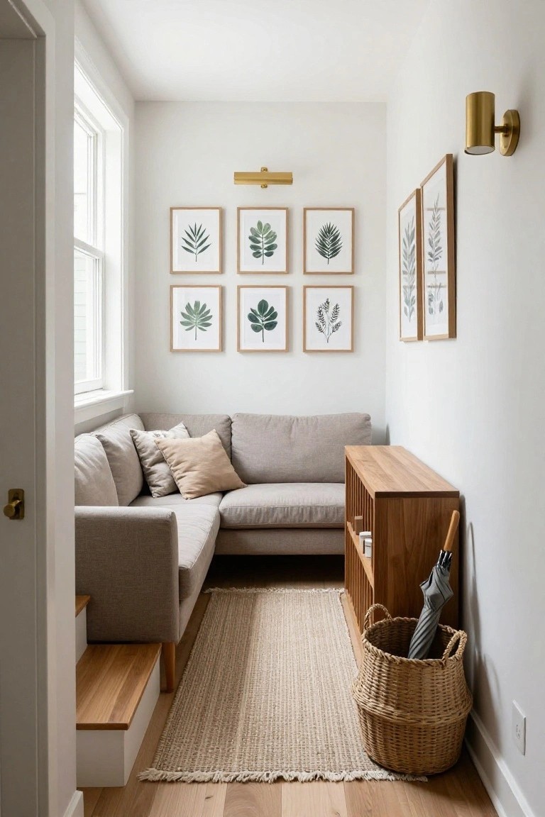 Narrow white-walled indoor nook with light gray L-shaped sofa in corner near wooden stairs, wood open shelving unit holding vase and umbrella, seagrass rug on oak floors, framed green leaf art on walls, and brass wall lights.
