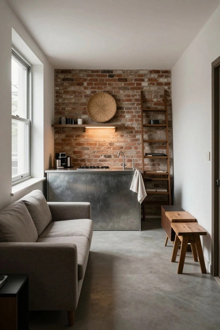 Narrow indoor living-kitchen space with gray sofa along one white wall on polished concrete floor, opposite stainless steel sink counter with exposed brick wall, wooden ladder shelf, woven wall hanging, and stools.