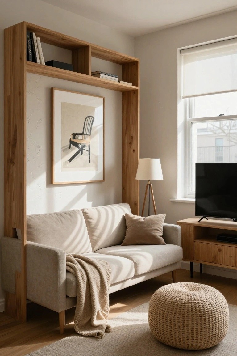 A light beige sofa flanked by tall wooden open shelves holding books and decor, in a neutral living room with a TV on a wooden media stand, tripod lamp, pouf ottoman, and window with roller blind.