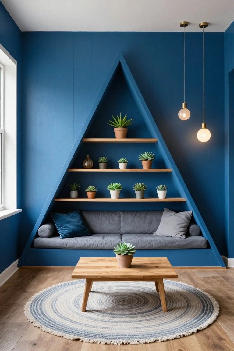 Blue paneled wall with triangular wooden built-in shelving unit containing potted plants, a low gray sofa at the base, wooden coffee table, and round woven rug on light wood floor.