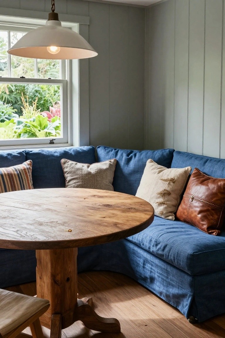 Corner of a room with a deep blue linen sofa piled with assorted cushions including striped, embroidered linen, and brown leather ones, beside a round wooden table and stool, under a white pendant light, with a window showing garden plants and light gray shiplap walls.