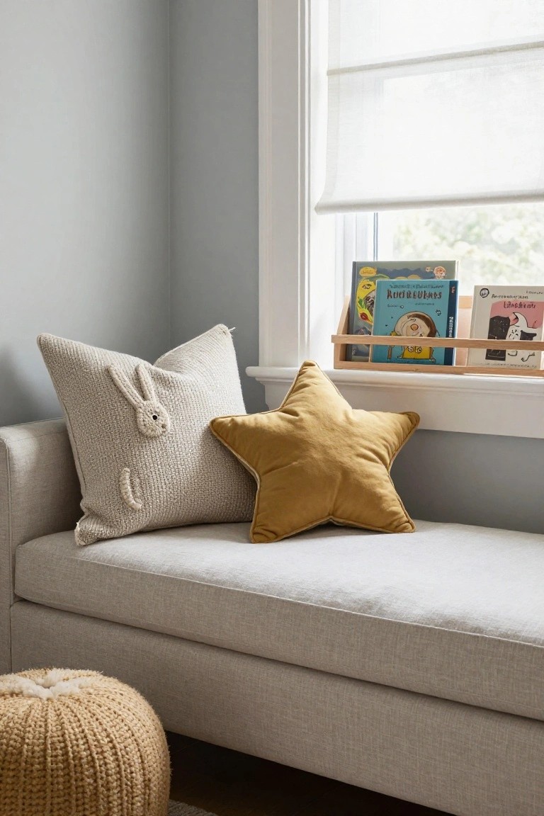 Light gray upholstered bench below a window seat shelf holding children's books, topped with a large white knit bunny pillow and mustard yellow velvet star cushion, plus a beige knit pouf on the floor in a pale blue room.