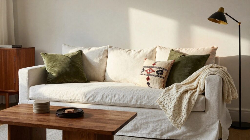 21 Sofa Styling With Cushions for a Soft and Layered Feel White linen slipcovered sofa with neutral pillows, one fringed colorful patterned cushion, draped cream knit throw, low wooden coffee table holding stacked gray plates, green velvet ottoman, wooden credenza with lamp and bowl, in a light corner room with window.