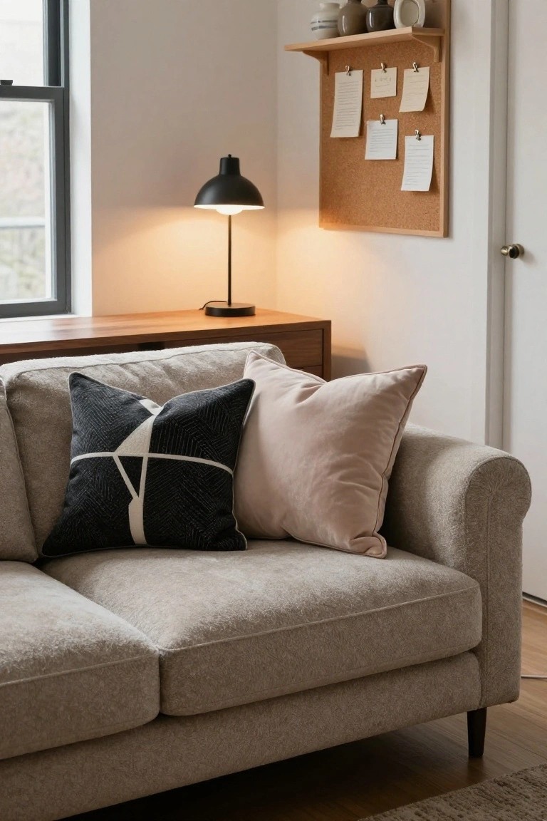 Light gray textured sofa in a living room corner with a black geometric patterned cushion and pink velvet cushion, beside wooden sideboard, black desk lamp, and corkboard shelf on white wall.