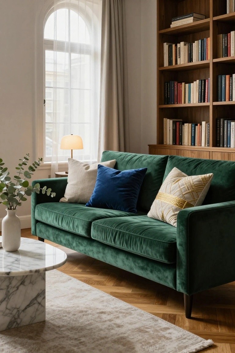 Green velvet two-seater sofa in a living room with white linen cushions, blue velvet pillows, and a cream patterned pillow, eucalyptus in a white vase on marble coffee table, wooden bookshelves and arched window nearby.