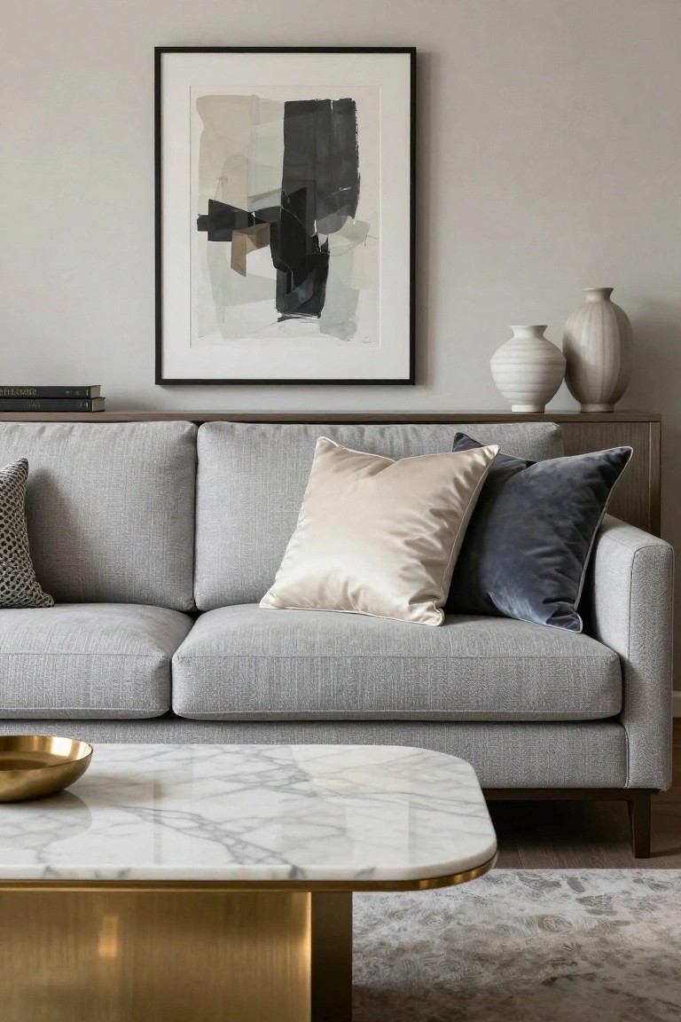 Gray textured three-seater sofa with patterned gray, beige silk, and navy velvet cushions, low white marble coffee table with brass base and gold bowl, abstract black and white artwork on wall above wooden credenza with white ceramic vases.