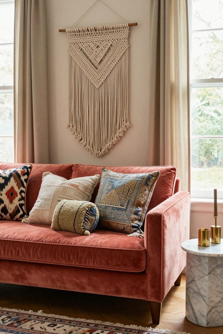 Blush pink velvet sofa in a living room piled with assorted cushions in ikat, embroidered, woven, and textured patterns, next to a white marble pedestal side table holding gold cups and candles, with a macrame wall hanging above and a patterned rug on parquet flooring.