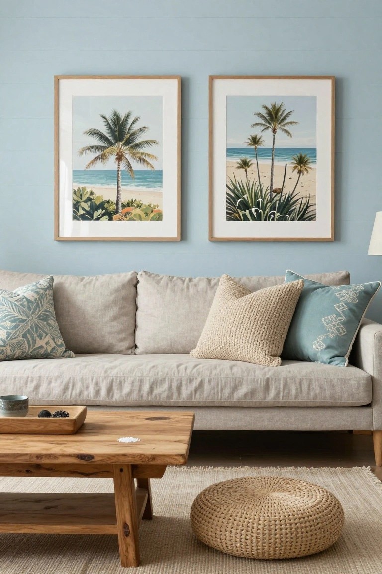 Light gray linen sofa with cream knit cushions, blue patterned pillows, and embroidered ones, in a room with two framed palm tree beach prints on a pale blue wall and a wooden coffee table nearby.