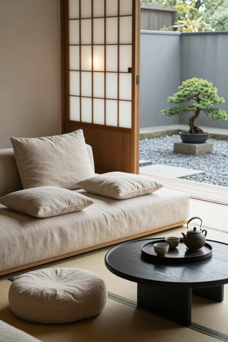 A low beige linen sofa with multiple cream cushions sits on tatami mats in a Japanese-style room, next to a black round coffee table with a tea set and floor pouf, viewed through open shoji screens to a small gravel garden with bonsai tree.