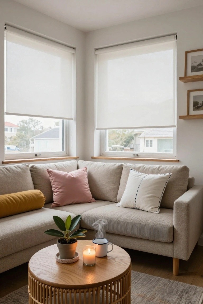 Beige L-shaped sofa in a corner living room with pink square cushion, white lumbar pillow, yellow bolster pillow, rattan coffee table holding a potted plant and candles, sheer roller blinds on windows, and wooden shelves with framed photos.