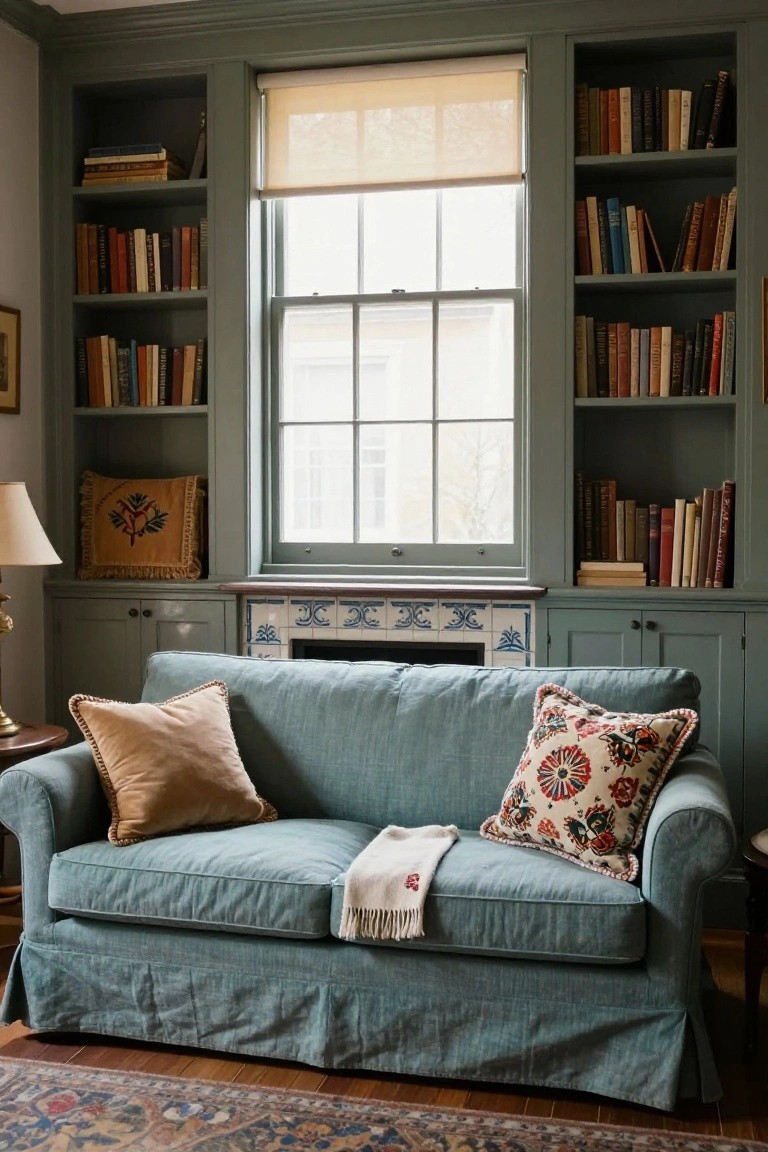 Teal slipcovered sofa with two peach cushions, one multicolored patterned cushion, and a white throw blanket, positioned in front of a fireplace flanked by green built-in bookshelves and cabinets next to a large window.
