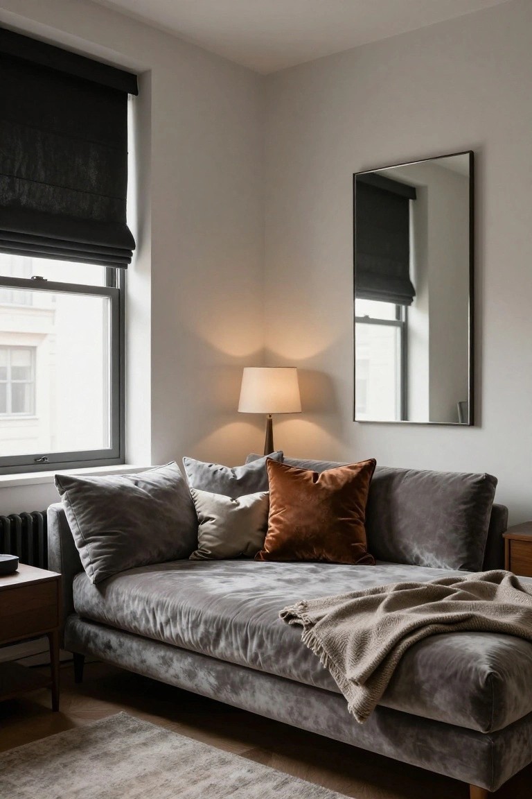 Gray velvet chaise lounge sofa in a light corner room, layered with white, cream, and orange velvet cushions, a beige knit throw, wood side table, lamp, tall mirror, and window with black blinds.