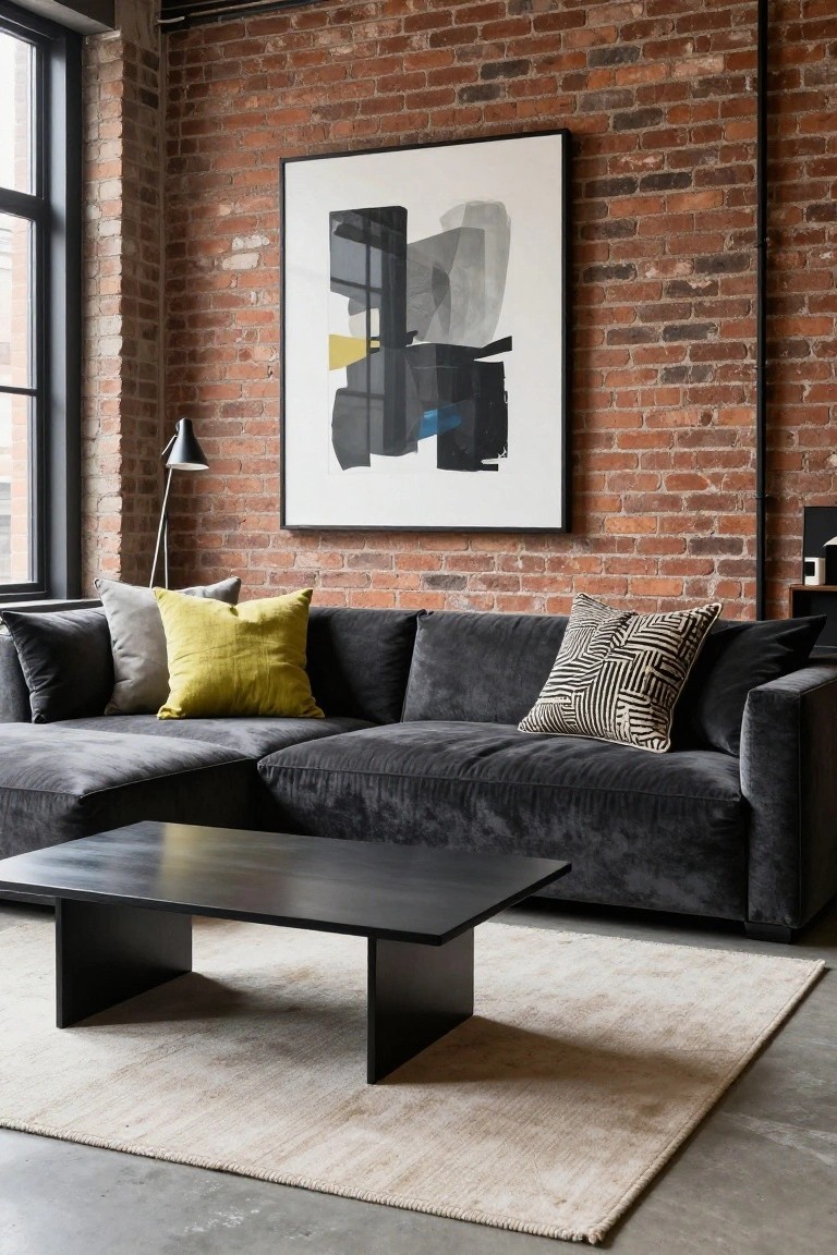 Exposed brick interior room with large windows, charcoal gray velvet L-shaped sofa topped with gray, yellow, and black zigzag cushions, black rectangular coffee table, beige rug on concrete floor, floor lamp, and large abstract painting on wall.
