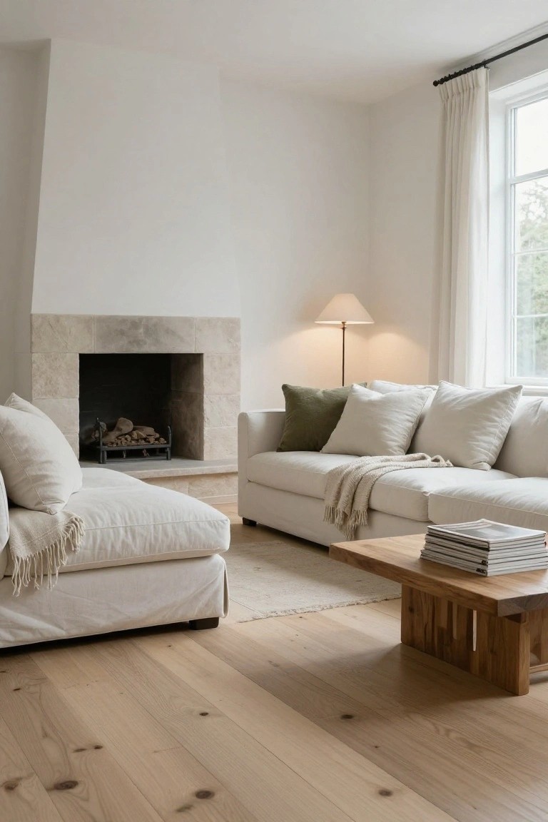 A living room corner featuring two white upholstered sofas with white and green cushions, fringed throws, a low wooden coffee table with stacked magazines, a stone fireplace with logs, a floor lamp, sheer curtains on a large window, and light oak floors.