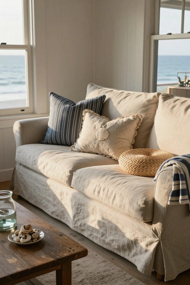 Beige slipcovered sofa with blue striped pillows, white ruffled pillows featuring shell details, seagrass stool, blue throw blanket, and wooden coffee table holding a glass vase and plate in a white room with ocean-view windows.