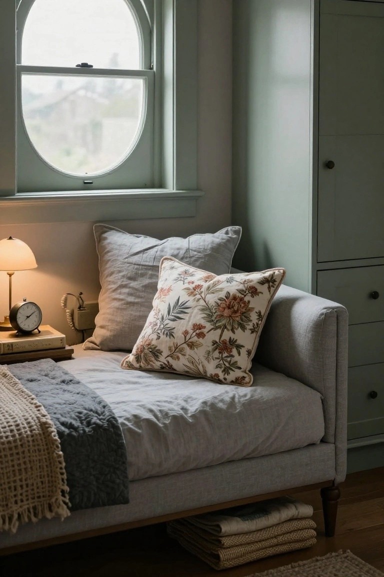 Gray upholstered daybed in bedroom corner with layered white linen pillows, floral embroidered pillow, gray and beige throws, bedside table holding lamp, alarm clock, and books, next to tall green cabinet and oval window.
