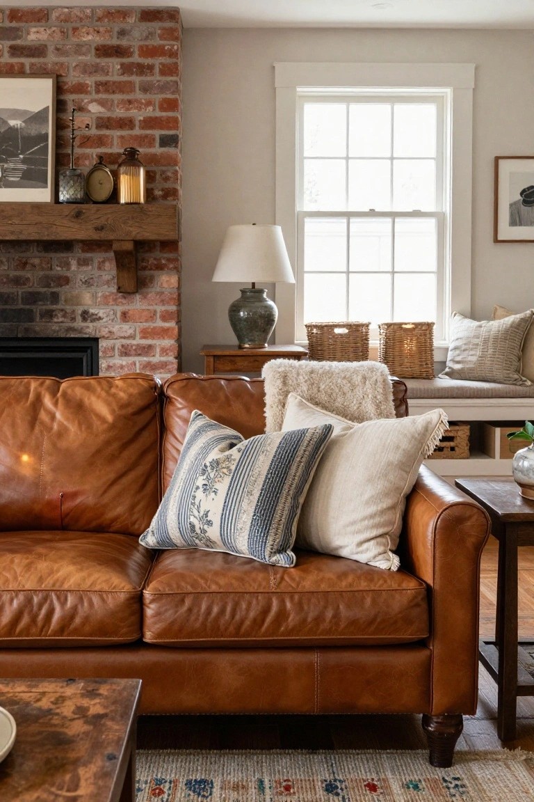Tan leather sofa in a living room with brick fireplace, styled with blue-and-white striped cushions, white pillows, fluffy throw, wooden coffee table, and window seat nearby.