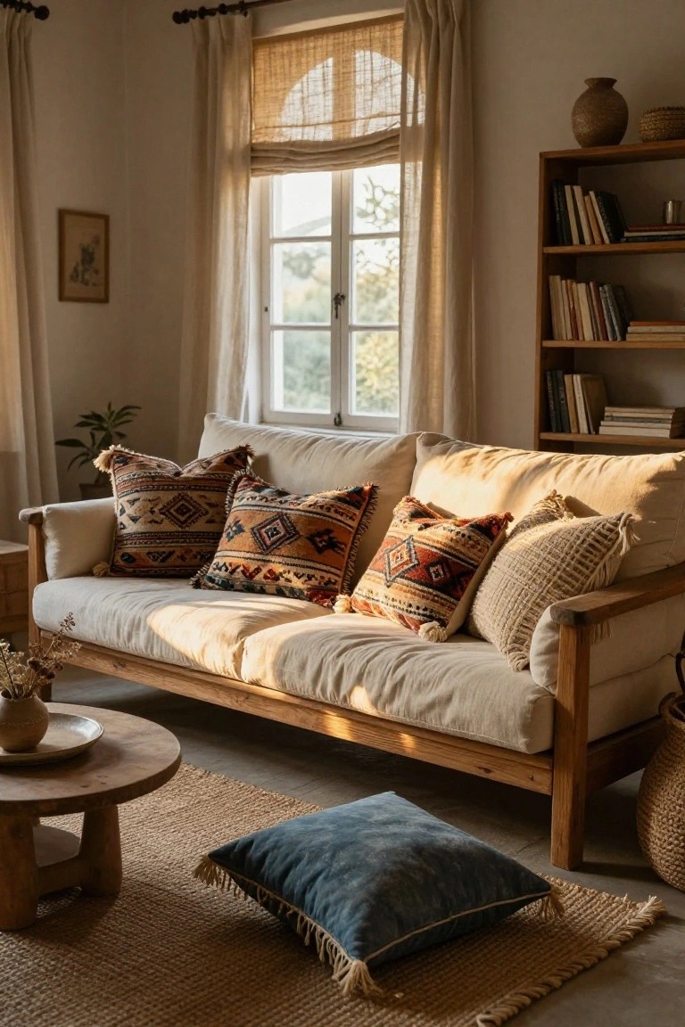 Beige linen sofa on wooden frame with multiple fringed cushions in terracotta geometric patterns and cream textures, beside a round wooden coffee table on a woven rug in a sunlit room with bookshelf and plants.