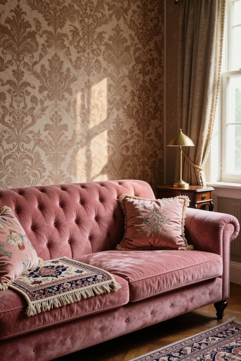 Pink tufted velvet sofa in a corner room with beige damask wallpaper, styled with two pink embroidered fringe pillows and a small patterned fringed throw on the seat, beside a brass lamp on a wooden side table and a larger patterned rug on wooden floors.
