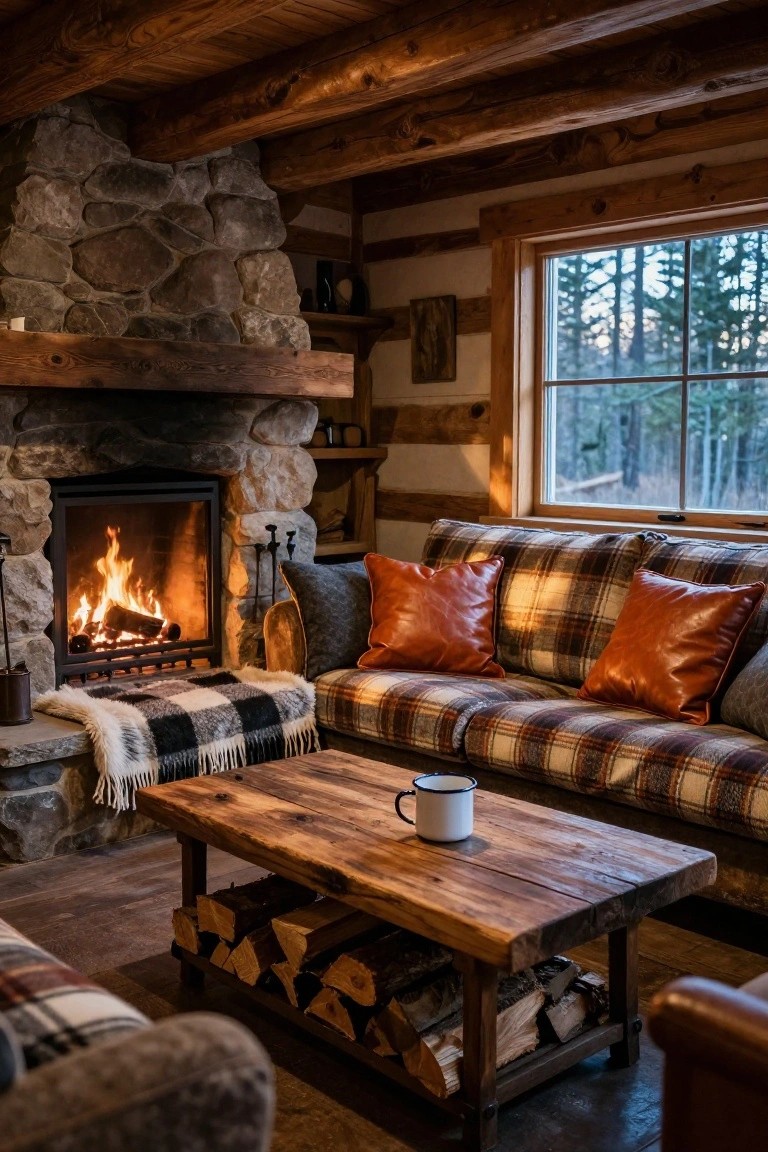 Log cabin living room with plaid sofa piled with orange leather cushions, gray pillows, black-and-white throw blanket, wooden coffee table holding enameled mug and firewood, stone fireplace burning, and window showing snowy forest.