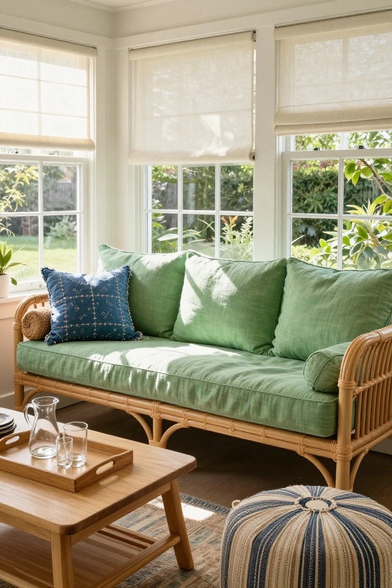 Sunlit room featuring a green linen-cushioned rattan sofa with blue patterned pillows, wooden coffee table holding a tray with glasses and pitcher, and striped pouf on a rug near large white-framed windows.