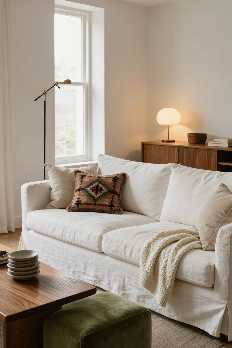 White linen slipcovered sofa with neutral pillows, one fringed colorful patterned cushion, draped cream knit throw, low wooden coffee table holding stacked gray plates, green velvet ottoman, wooden credenza with lamp and bowl, in a light corner room with window.