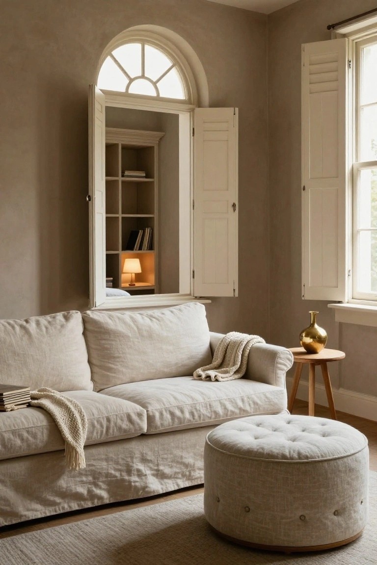 Beige slipcovered linen sofa draped with a cream throw and books, beside a white tufted linen pouf ottoman on a light rug, in a neutral corner room with open white shutters on windows and an arched wall mirror cabinet.
