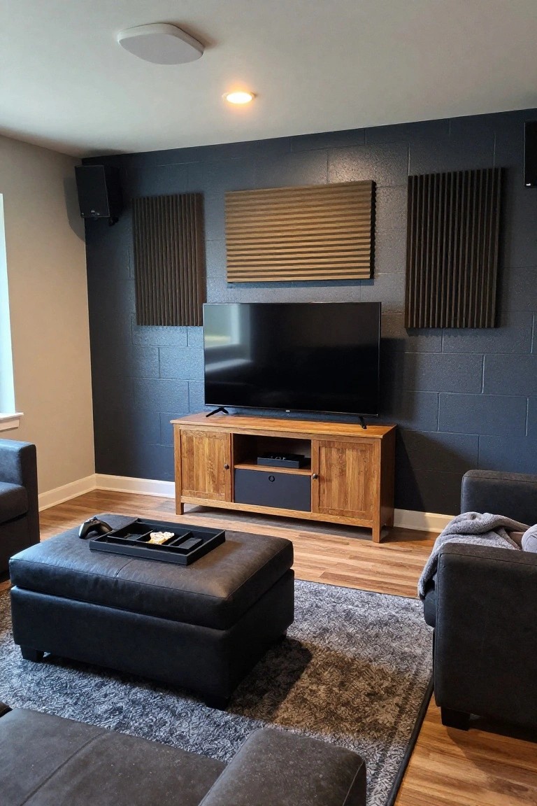 Home media room with black TV on wooden stand, central black leather ottoman holding game controllers and trays, two gray sofas on shag rug, dark blue block walls with wood acoustic panels and speakers.