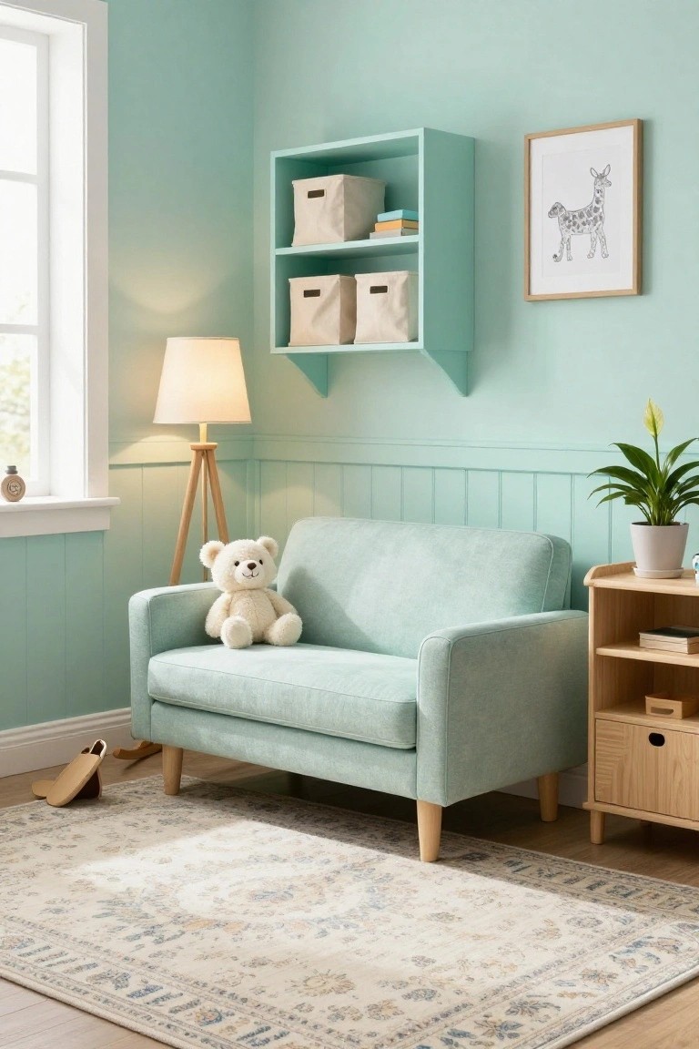 Mint green child-sized sofa with wooden legs and a teddy bear on the seat in a light green paneled room with shelves, lamp, plant, and rug.