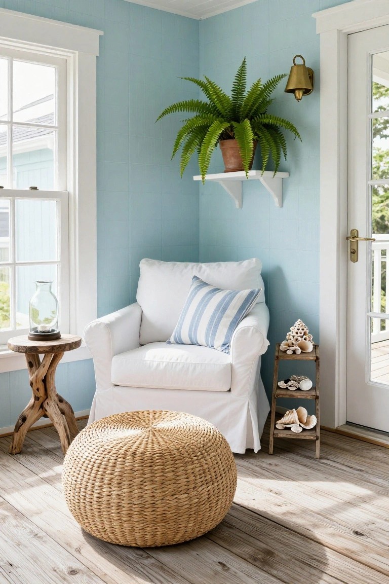 White slipcovered armchair with blue striped pillow and round woven ottoman in a light blue room corner with wooden side table, shell decor, fern plant on wall shelf, and glass door to deck.