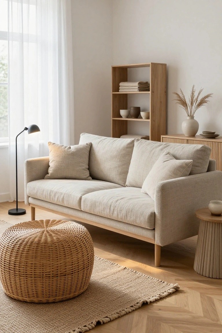 A light beige linen sofa with pillows sits in a neutral living room, with a round woven wicker pouf ottoman on a beige rug in front, wooden shelves, plants, and a desk lamp nearby on herringbone wood floors.