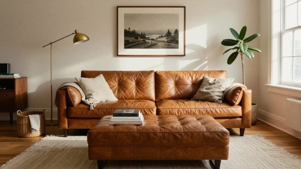 A sunlit living room with a tan leather sofa, matching tufted leather ottoman coffee table, wood media console with books, potted plant by the window, arc floor lamp, and large framed landscape painting on the wall.